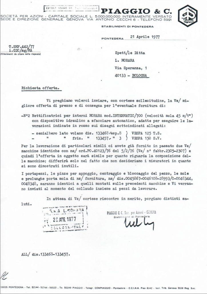 Lettera Piaggio 1977 rettifiche Morara