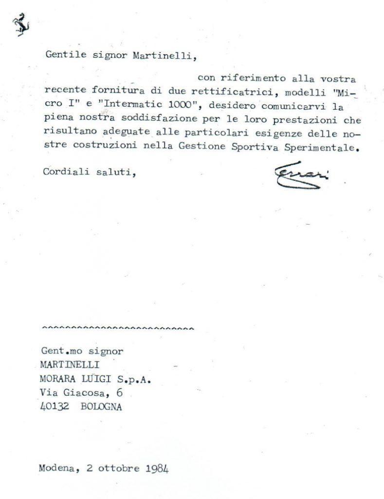 Lettera referenze Enzo Ferrari rettifiche Morara